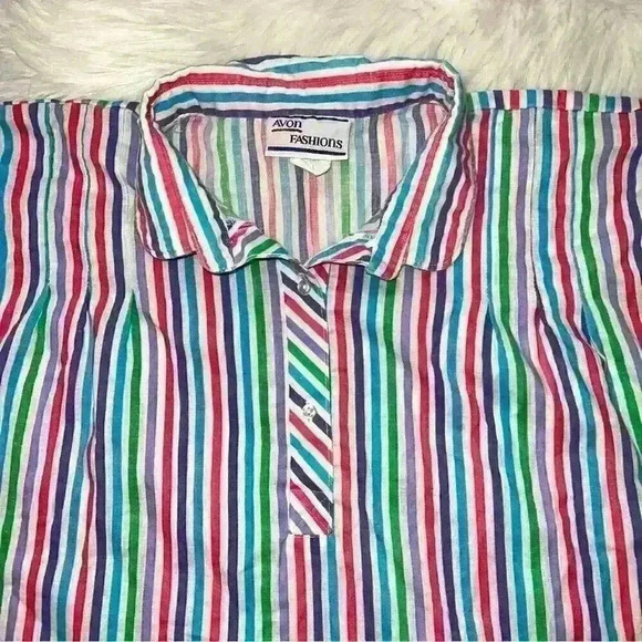 Vintage Avon Fashions Pullover Short Sleeve Button Down Pastel Rainbow Stripe L - Picture 3 of 6